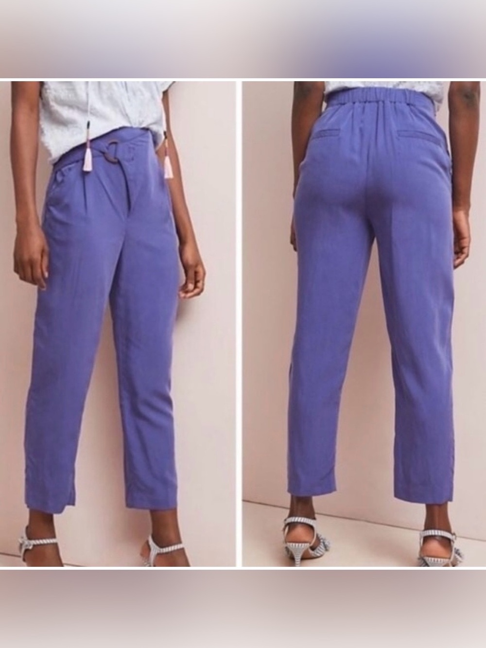 Anthropologie‎ Cupro Purple Wrap Style Buckle Waist Ankle Crop Tapered Pants XS
